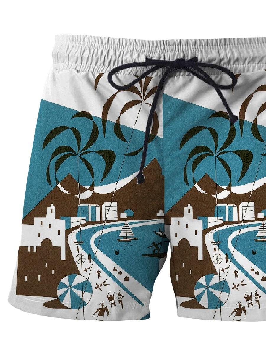 Hawaiian Illustration Print Boardshorts in Tiki Art