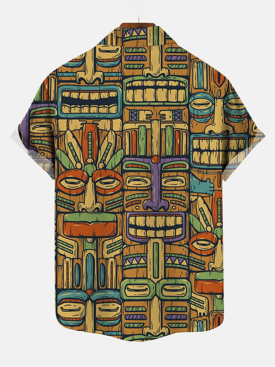 Men's Casual Hawaii Tiki Print Short Sleeve Shirt Button Down Shirt
