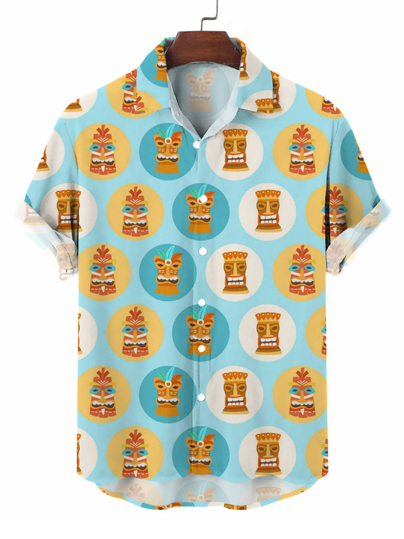 Men's Casual Hawaii Tiki Print Short Sleeve Shirt Button Down Shirt