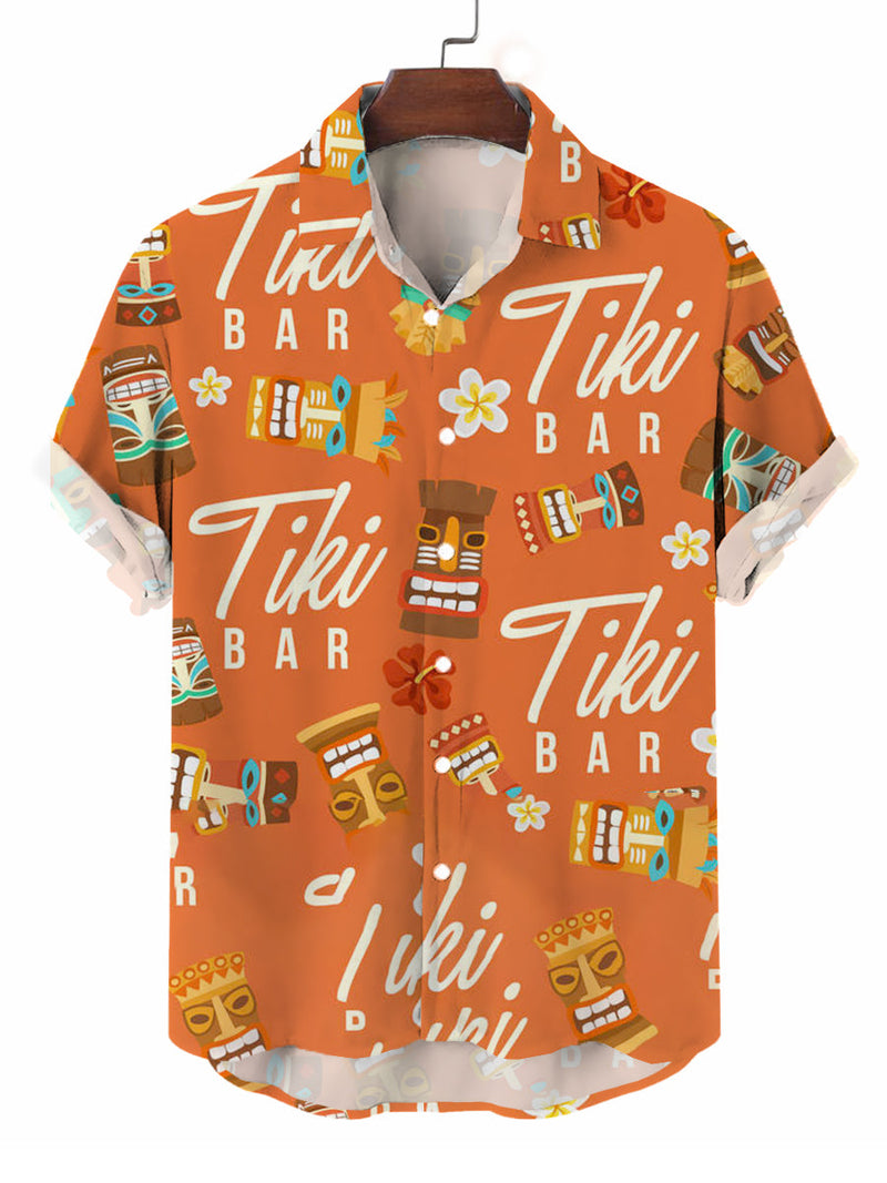 Men's Casual Hawaii Tiki Bar Print Short Sleeve Shirt Button Down Shirt