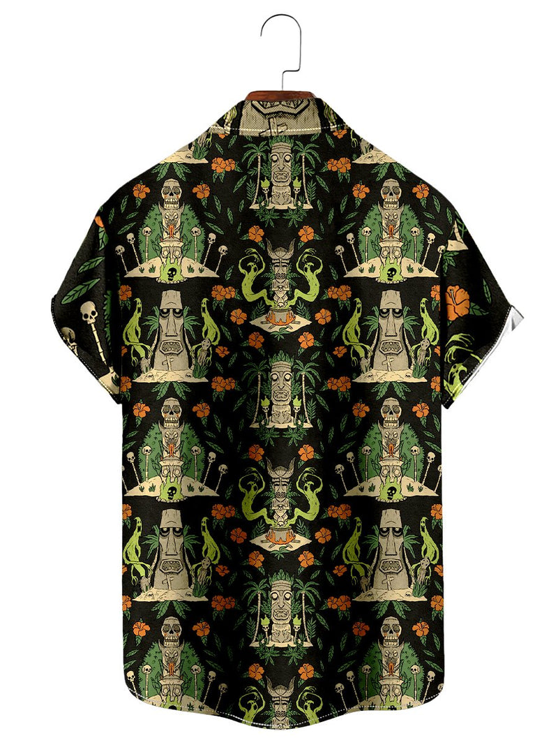 Retro Tiki Skull Print Short Sleeve Shirt Casual Hawaiian Aloha Shirt