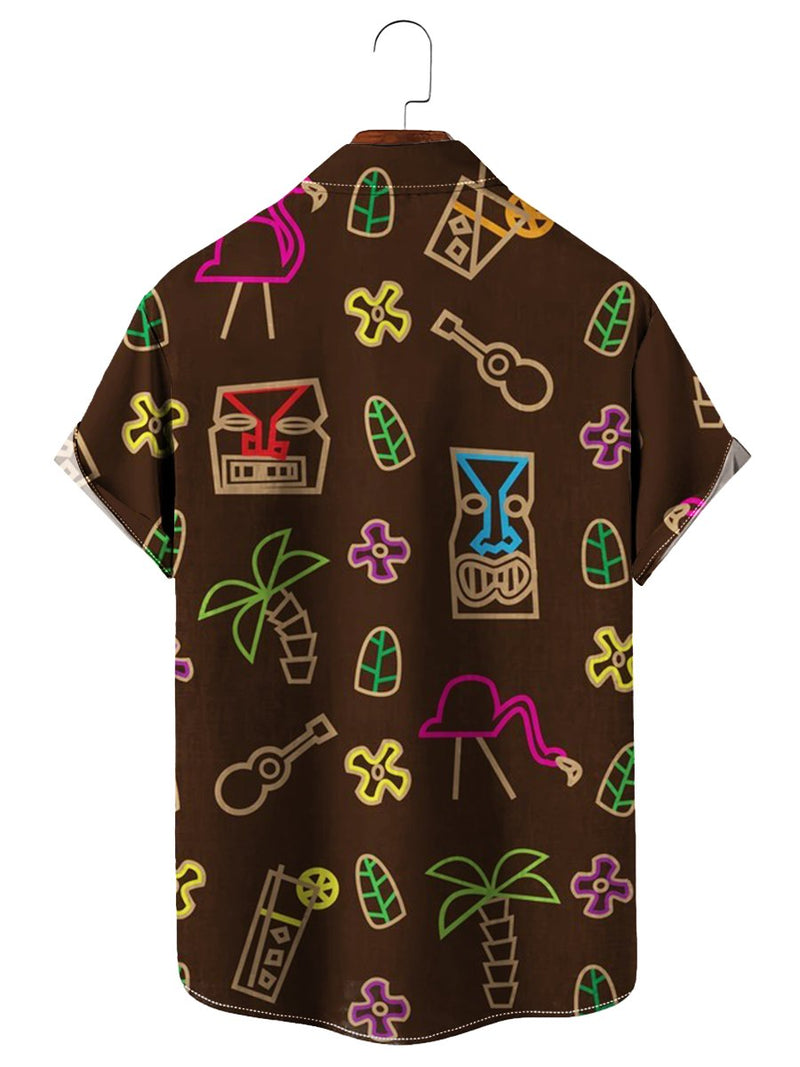 Tiki Neon Print Short Sleeve Summer Hawaiian Shirt